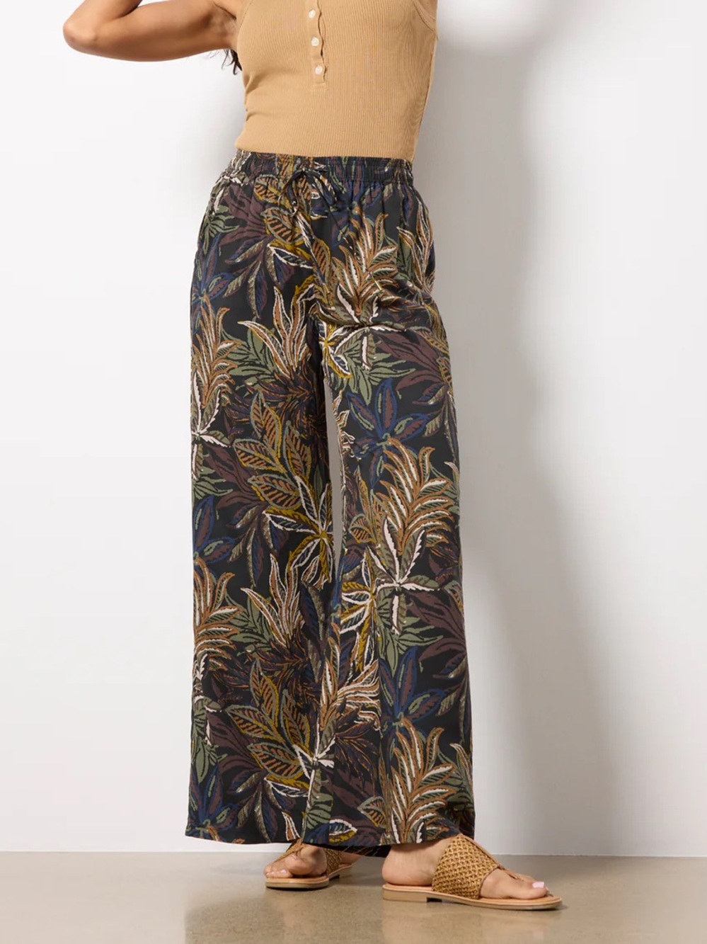 NWT Evereve Isla Palm Print Black Multi Botanical Drawstring Wide-Leg Pants XL